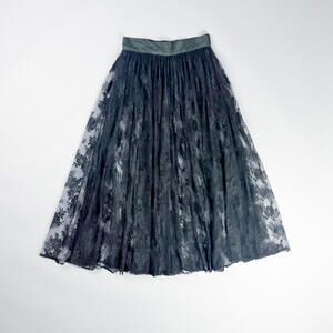 Vintage Black Floral Lace Midi Skirt with Satin Waistband